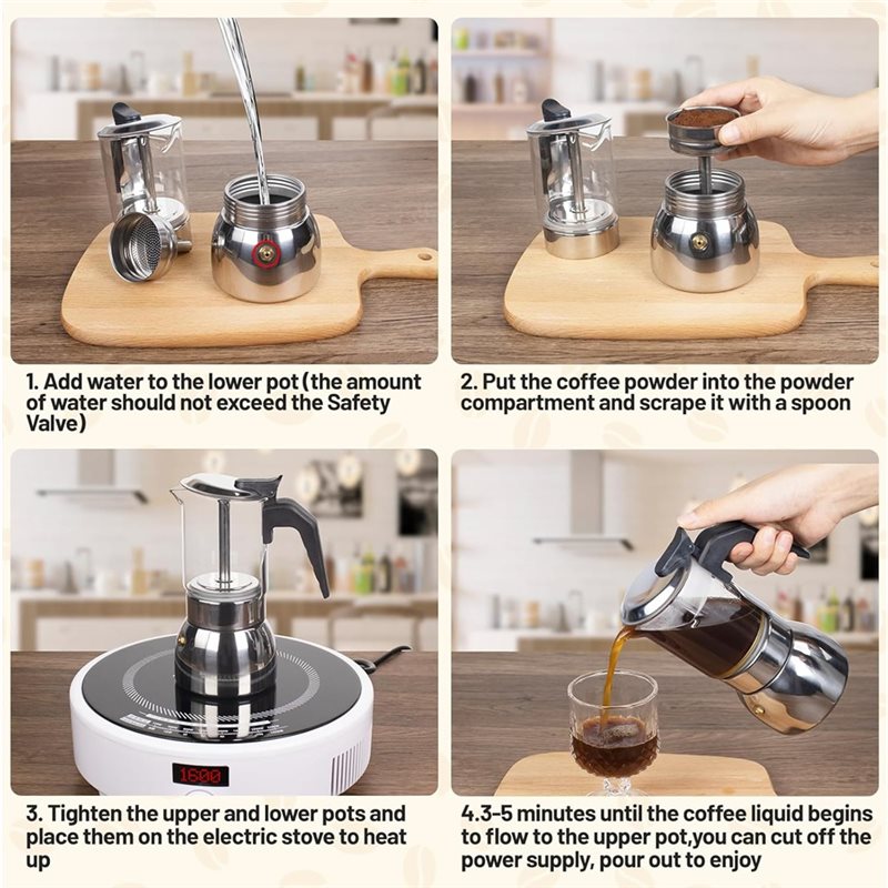 ABUI-투명 유리 4컵 모카포트 304 스테인리스 스 - Coffee Equipment Wholesale 리뷰 및 가격